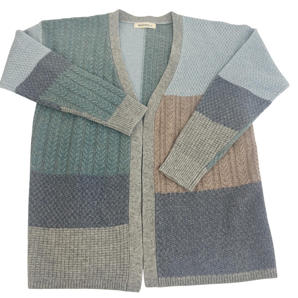 WoolOvers Cardigan Womens Medium Colorblock Open Front Cable‎ Knit Patchwork - Picture 4 of 15